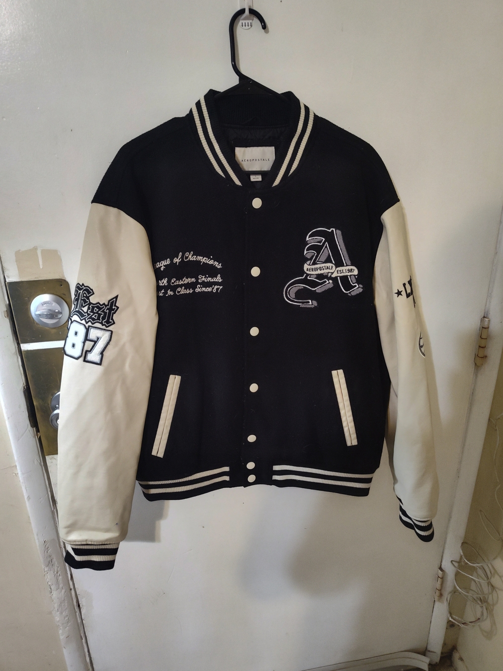 Aeropostale Black and Cream Varsity Bomber Jacket